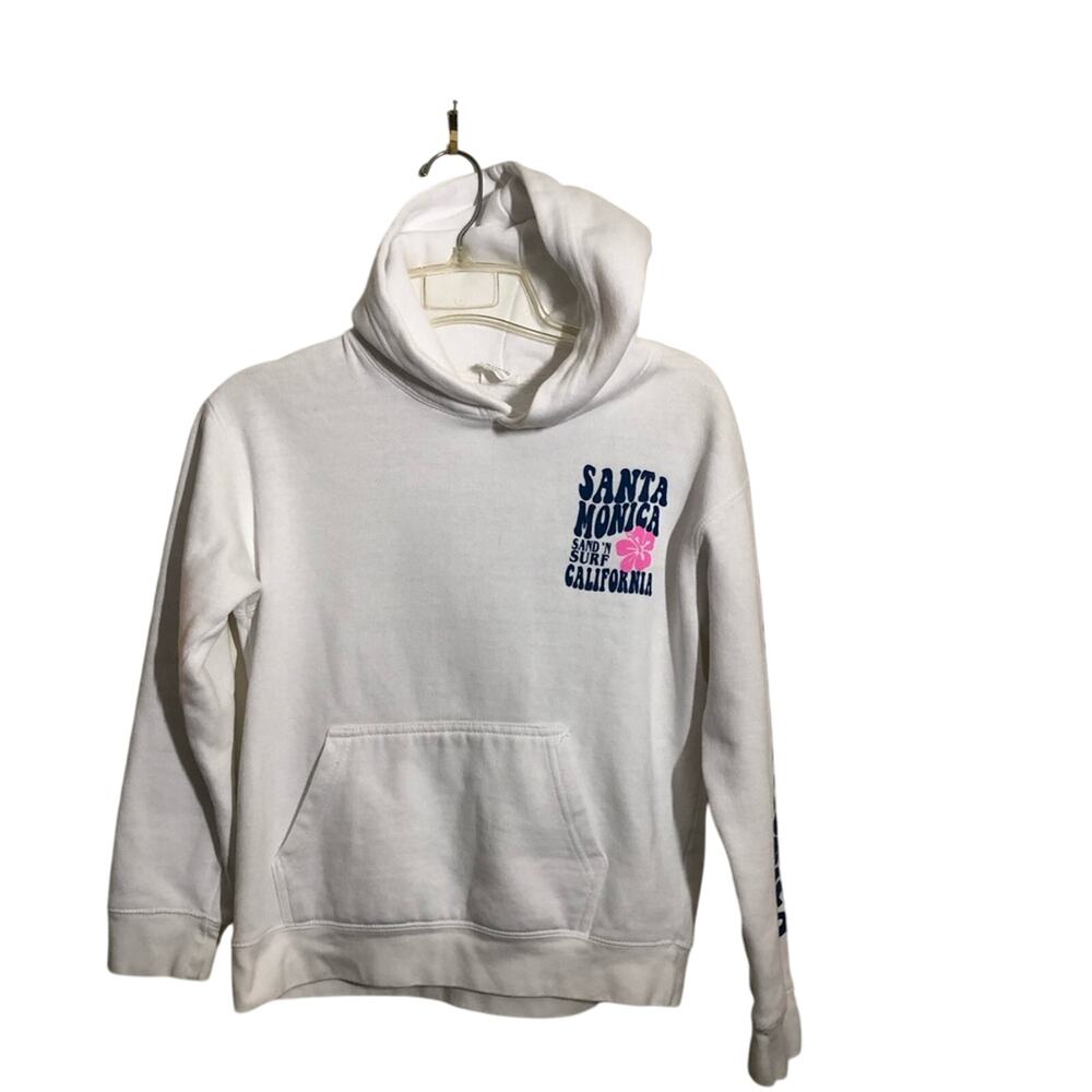 Popular Basics Sz Med Girls Hoodie White Blue Graphic Santa Monica California